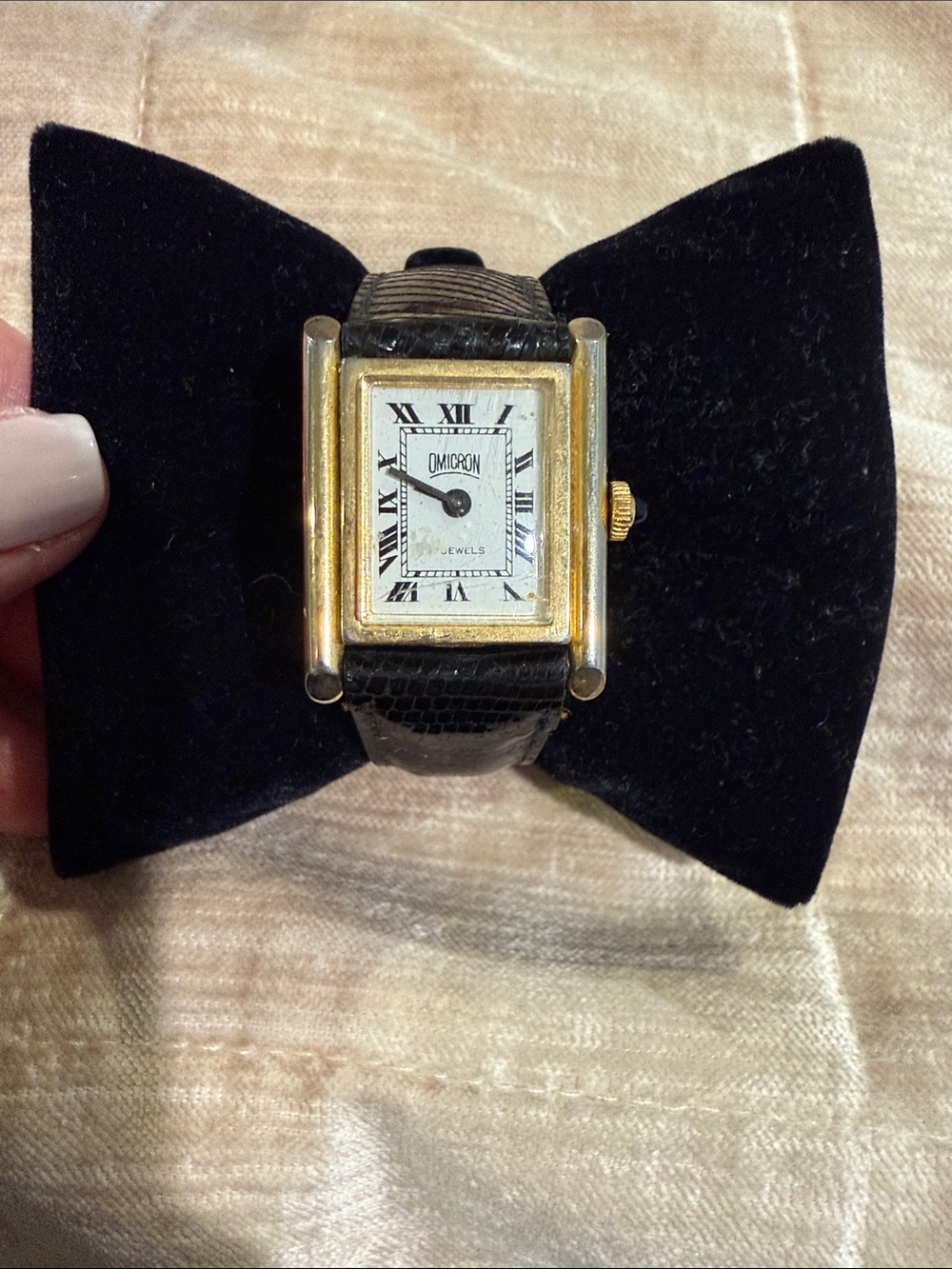 Vintage Omicron tank watch with blue sapphire and genuine lizard strap